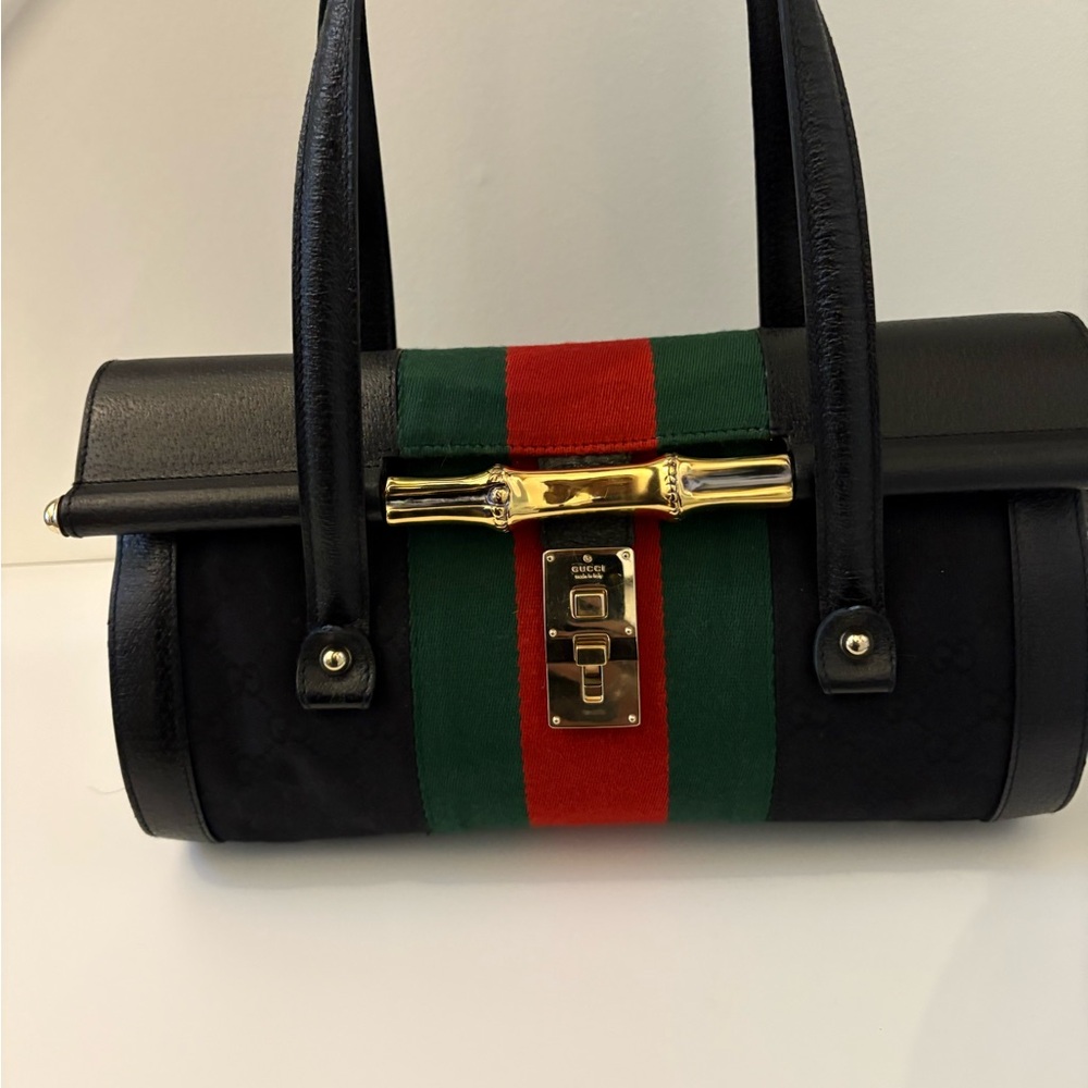 Gucci Bamboo Calskin Bullet Satchel Black Bag with Red and Green Stripe